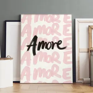 1-count wooden frame canvas, pink and white Amore heart art decorative poster, romantic Italian-style letter poster, fashionable home art wall decoration, modern living room and bedroom decoration, exquisite gifts