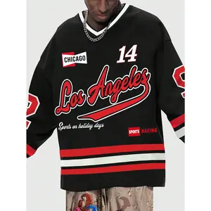 Jersey Shirts Striped Letter Printed T Shirts V Neck Long Sleeve Tee Streetwear Oversized Football Top