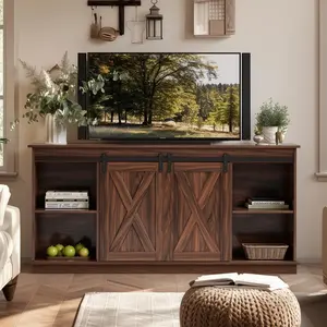 TV Stand for Televisions up to 65 Inch, Entertainment Center with Sliding Barn Doors, Storage Cabinets and Media Shelves, Living Room Console Table, Rustic Brown