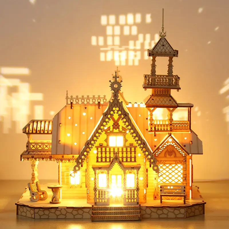 New Product 3D Puzzle Wooden Toy Educational Assembly Toy DIY Creative Retro Villa Crystal