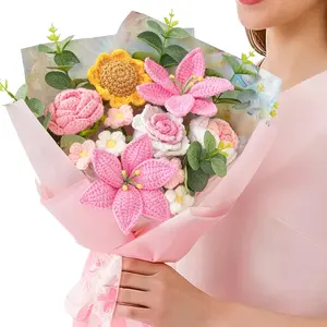 Crochet Flower Bouquet, Pink Handmade Knitted Flowers, Lily Sunflower Roses Crochet Flowers for Lover Teacher Anniversary Birthday Party Mother's Day Graduation Gifts for Girlfriend, Wife