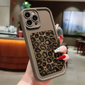 High Bamboo Self-Adhesive Card Holder Case, Leopard Print Phone Cover for iPhone 11/12/13/14/15 Series, Card Slot Wallet