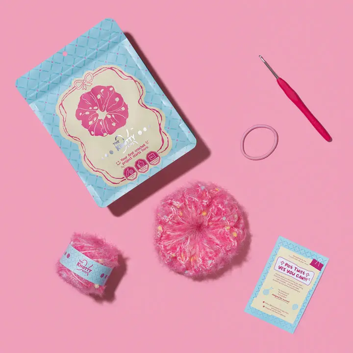 Crush Pop Crochet Scrunchie Kit for Beginners, Cute Playful Craft Set with Easy Tutorial, DIY Knitting Craft Toy