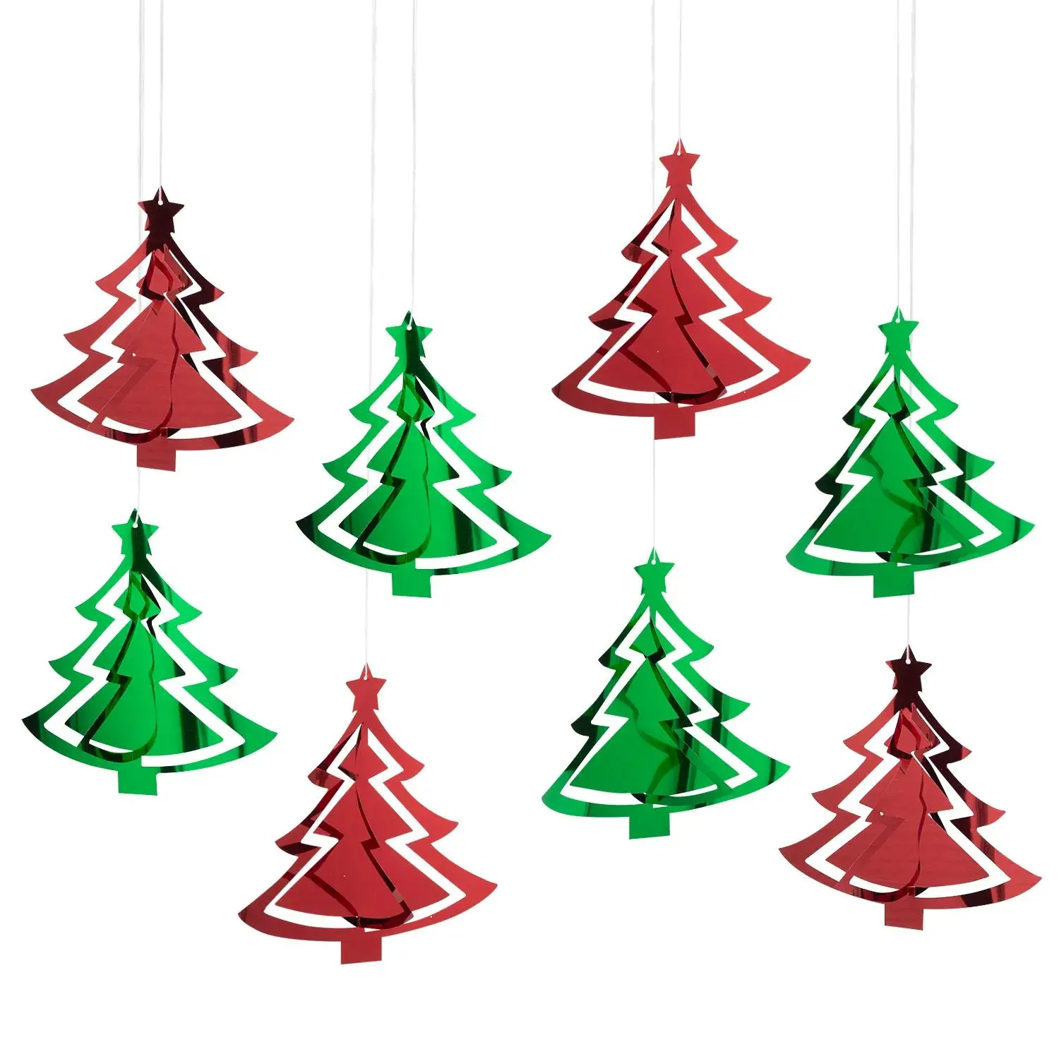 7" - 10" 3D Red & Green Foil Christmas Tree Hanging Decorations - 8 Pc.