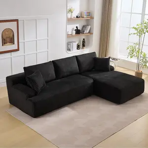Gaomon 106in Black Ribbed Corduroy Fabric Customizable Modular Sectional Couch, L-Shaped Chaise, Deep Seat, Rounded Arms, L Shaped Couch