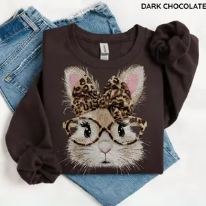 [Sale up to 70%]Happy Easter Bunny Sweatshirt, Retro Leopard Bunny shirt Coquette Easter Bunny Trendy Easter Day Bow Bunny shirt Spring