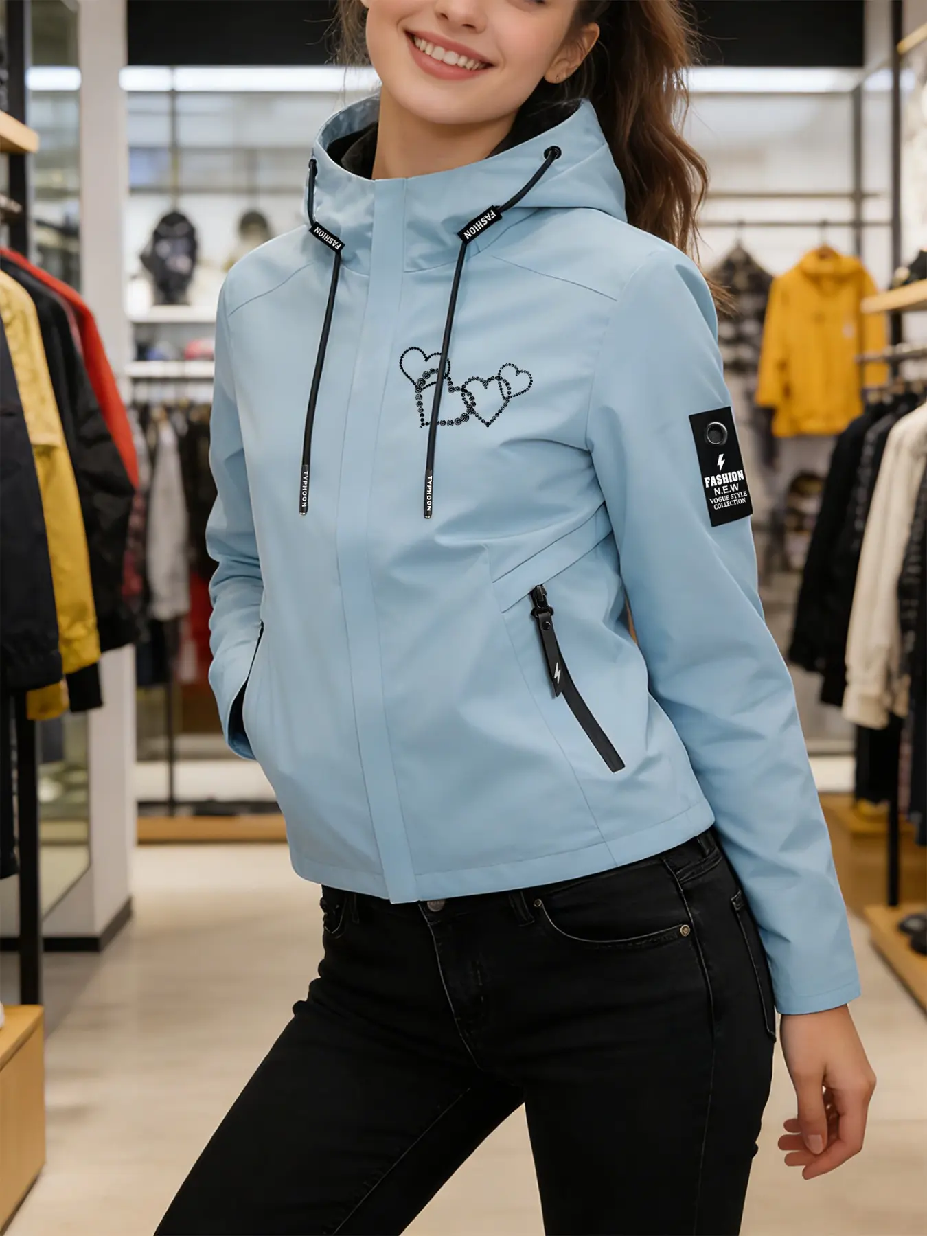Women's Hooded Windbreaker Jacket Coat Top Black Light Blue Two Colors Optional, Fashion Casual Heart Beaded Print Design, Trendy Comfortable Breathable Windproof Waterproof Wear-resistant, Loose Slim Fit Lazy Outwear For Daily Commute Travel Shopping