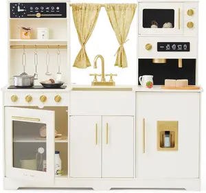 Play Kitchen for Kids, Toy Kitchen Set with Plenty of Play Features, New Modern Kids Wooden Play Kitchen Designed in Trendy Home Style with Curtains, Gift for Ages 3+.