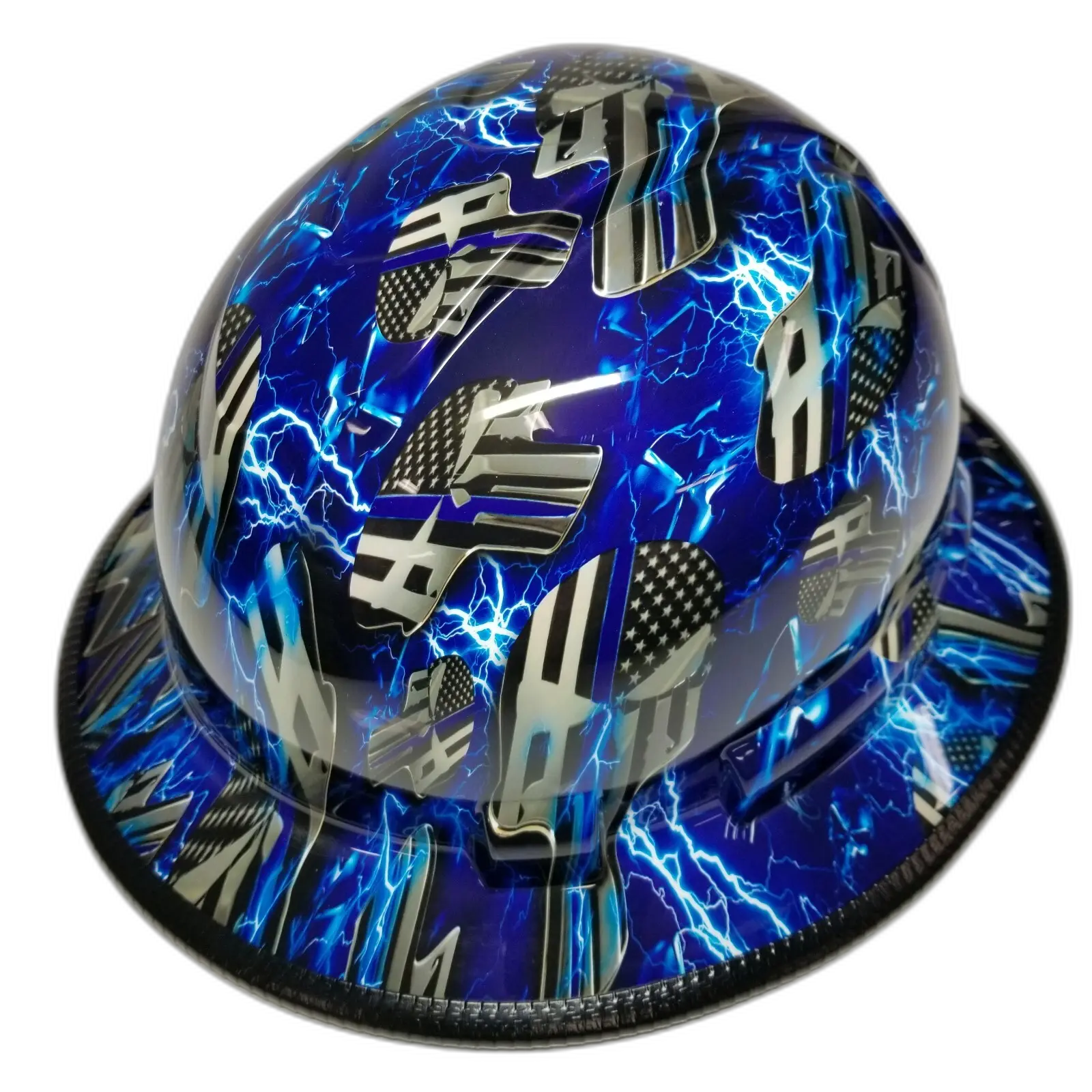 Blue Line Lightning Skulls - Custom Hydro Dipped Full Brim Hard Hat