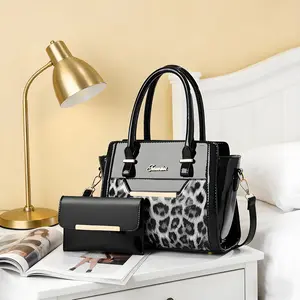 Women’s leopard print handbag — adjustable & detachable shoulder strap, metal hardware, magnetic closure; premium minimalist office/business handbag and small coin purse set