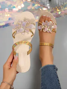 Women's Fashionable Flower Decorated Slide Sandals, Casual Comfortable Flat Sandals for Beach Vacation, Non-slip Soft Sole Sandals for Indoor & Outdoor Wear, Summer