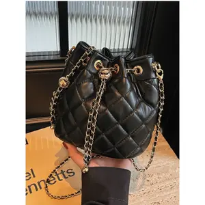 Women's Quilted Leather Fashionable Bucket Bag with Metal Chain Drawstring Crossbody, Fashion Evening Party Casual Handbag