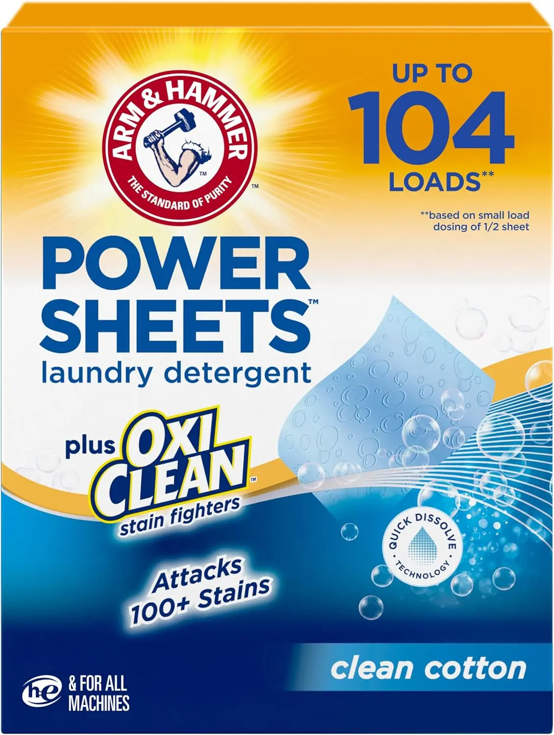 Plus OxiClean Power Sheets Laundry Detergent, 52 Count | Attacks 100+ Stains, Effective Cleaning Power Sheet, 104 Medium Loads, Clean Cotton Scent