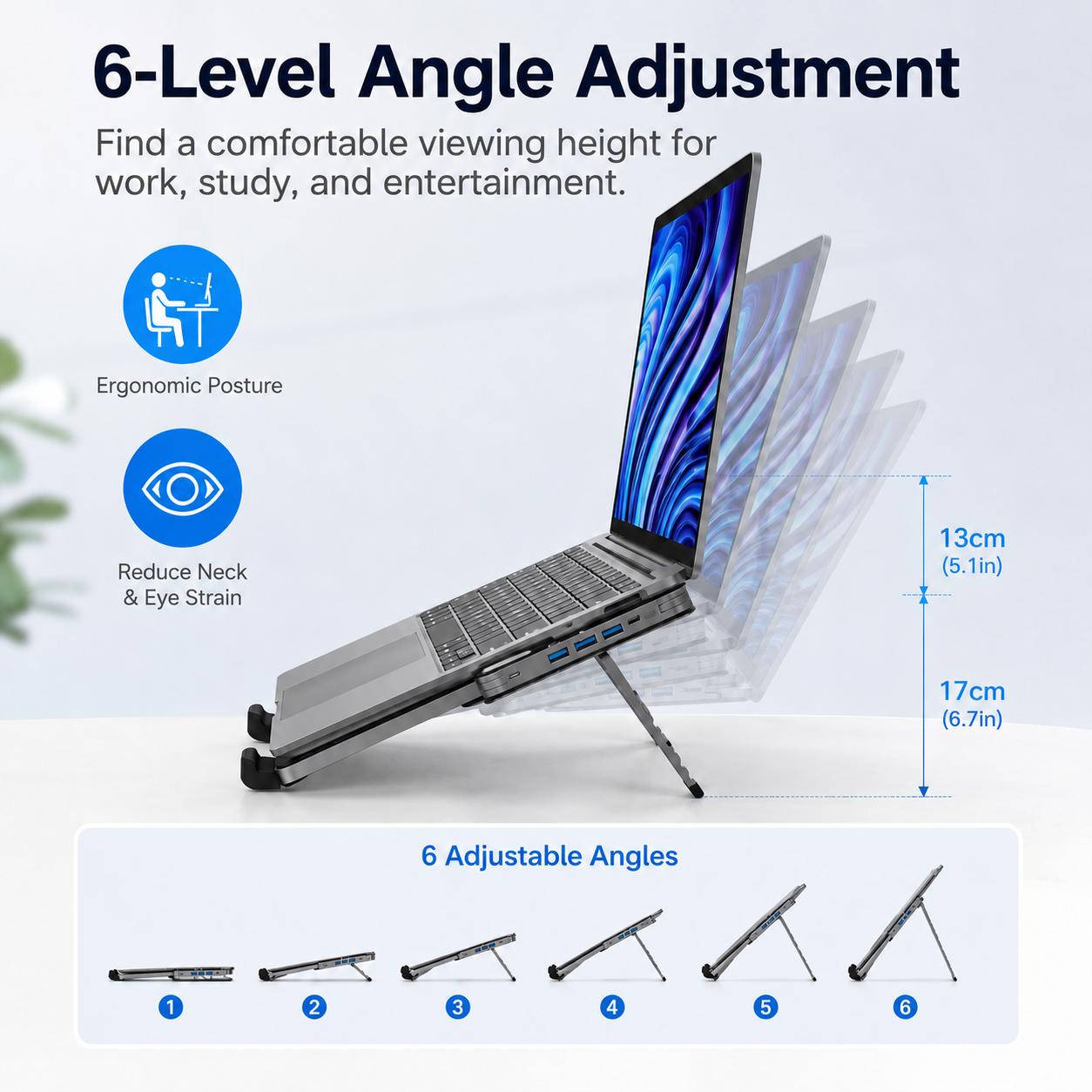 Gunmetal Laptop Stand with Foldable USB Hub, Adjustable Ergonomic Desk Riser, Multi-Port Expansion for MacBook, PC, Tablets & Travel Use