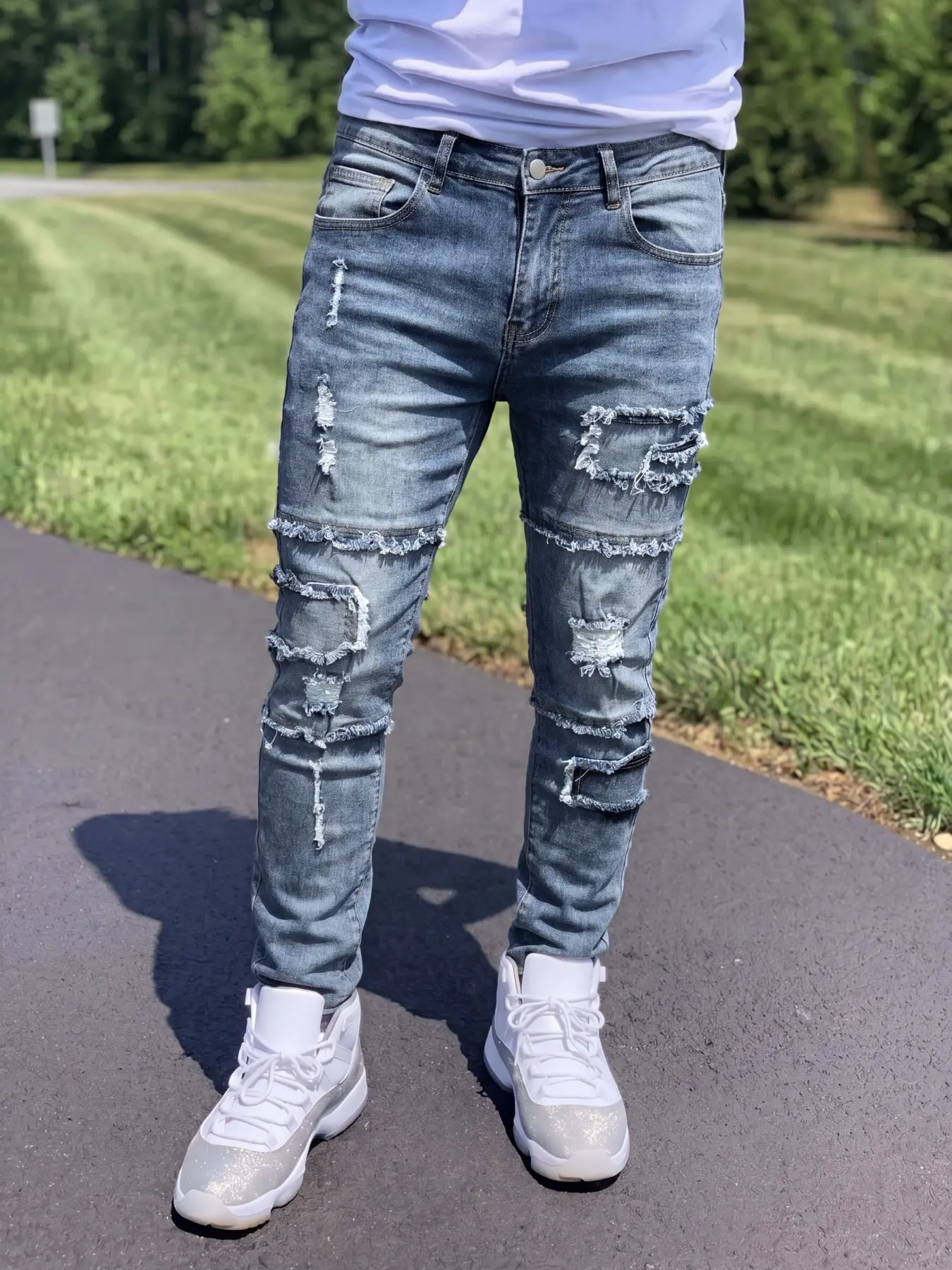 Men's Elastic Ripped Distressed Jeans Pants, Denim Lower, Streetwear Street Style Light Blue Frayed Edge Pocket, Slim-Fit Zipper Fly, All-Season Plain Pattern, Unlined Denim Jeans, Fashion Jean Bottoms
