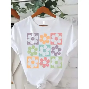 Women'S Floral Print T-Shirt - Soft, Breathable, Casual Round Neck Tee with Vibrant Pastel Flower Design for Spring/ Summer Outdoor Activities, Ladies T Shirts
