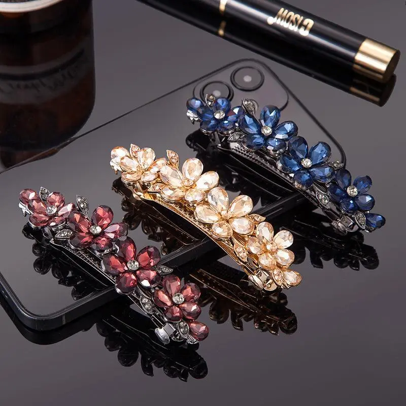 Women's Rhinestone Blue Flower Hairpin - Sparkling Crystal Long