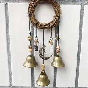 Witch Bells Door Knob Hanging Ornament, Handcrafted Magical Wind Chimes with Wood Beads & Crystal Quartz, Spiritual Home Protection Decoration for Witchcraft Use & Festival Gifting