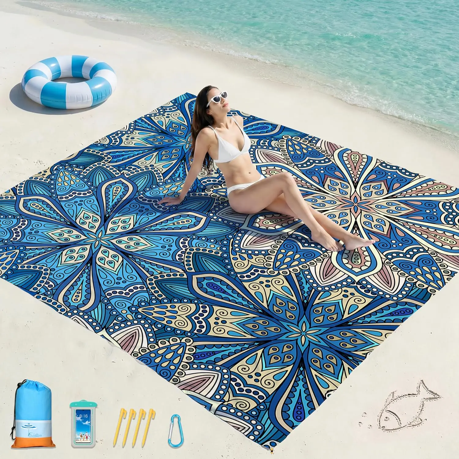 Famstar Beach Blanket Oversized Extra Large 78"X81"/10'X9',Waterproof Sandproof Beach Blanket 2-8 Adults Lightweight Durable for Travel Camping Hiking Picnic