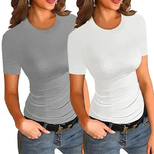 2 Pack Women's Short Sleeve Crewneck Ribbed Slim Fitted T-Shirt