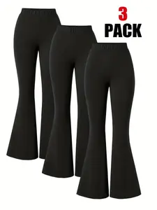 3-Pack Pure High-Waisted Stretch Flared Pants for Girls, Y2K Style Casual Wear, Fitted Elastic Waist, All Seasons, Bottom