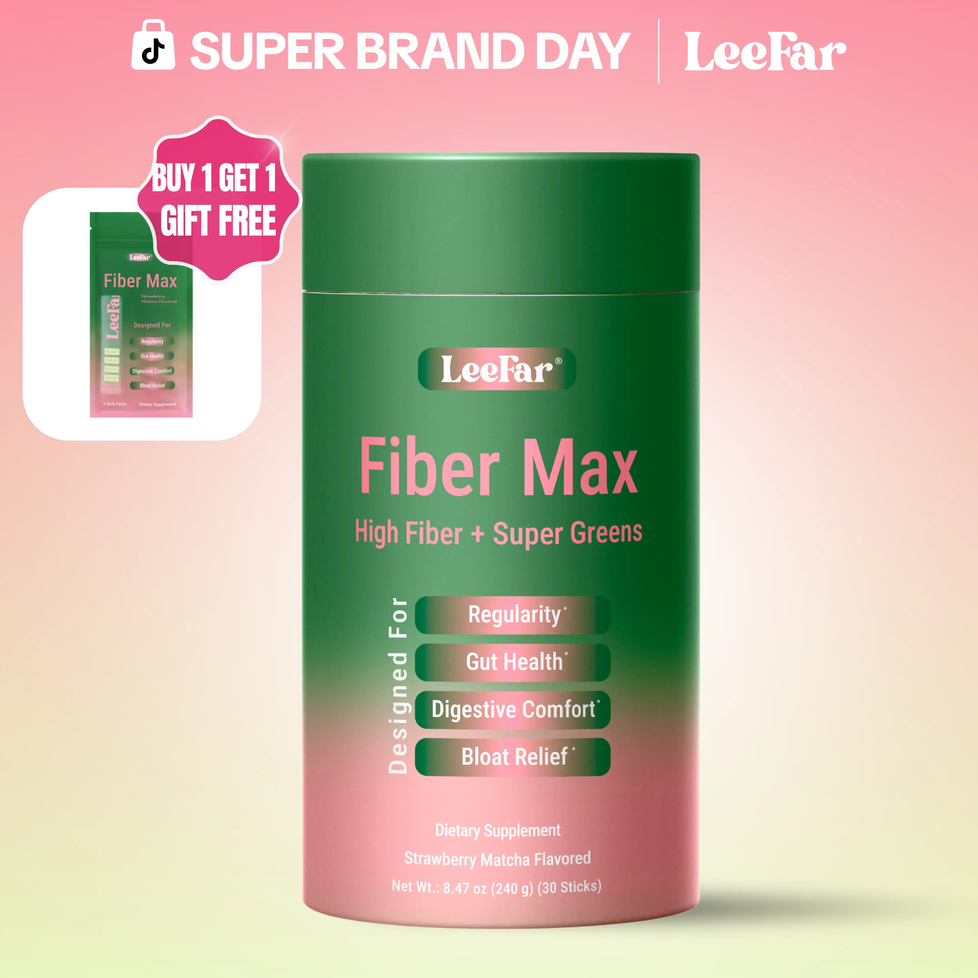 LeeFar Fiber Max – High Fiber + Super Greens Powder with 6g Dietary Fiber, Prebiotics,  Super Greens & Super Fruits for Regularity, Gut Health, Digestive Comfort and Bloat Relief –  Strawberry Matcha Flavor, 30 Sticks