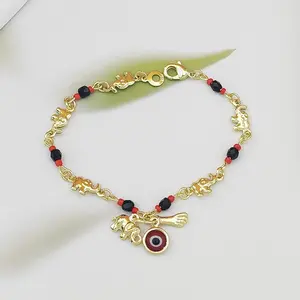 14K Gold Plated Lucky Charm Bracelet with Evil Eye, Elephant & Horse Charms - Good Luck Protection Beaded Chain Jewelry for Women