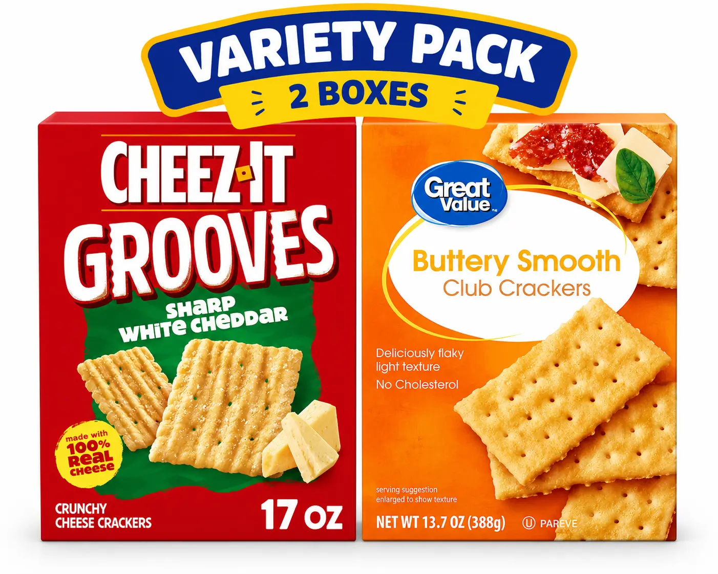 Cheese and Buttery Cracker Variety Pack, Cheez-It Grooves White Cheddar 17 oz and Great Value Club Crackers 13.7 oz