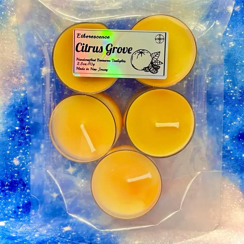 Citrus Grove Tealights Handmade Beeswax Tealight Candles 5pk Energizing Bright Citrus Woody Scented for Home Decor Gifts Special Occasions Cozy Aroma Hand Poured Ornaments