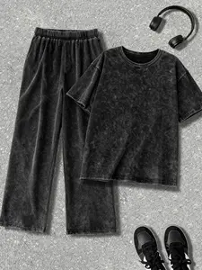 Women's Vintage Aesthetic Washed Athleisure Sportswear Set, Elegant Summer Casual Round Neck Design Loose Fit Short Sleeve Top & Long Pants, Ideal for Daily Commute