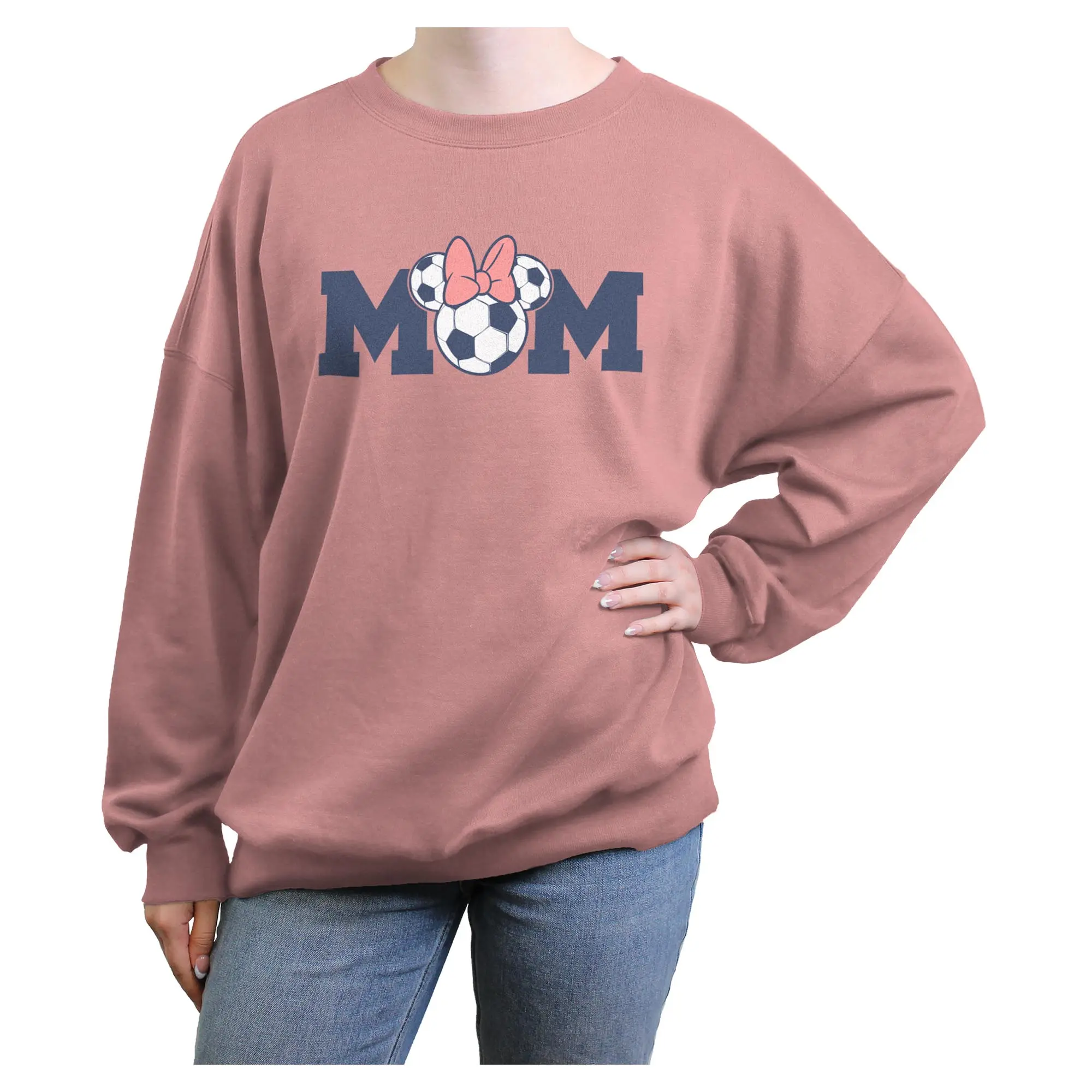 Juniors Womens Minnie Mouse Soccer Mom Bow Logo Sweatshirt