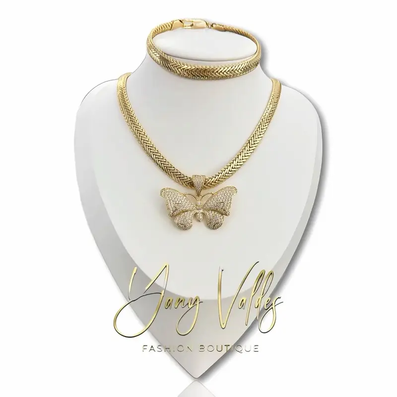 Gold Plated Choker Necklace and Bracelet Set with Butterfly Pendant