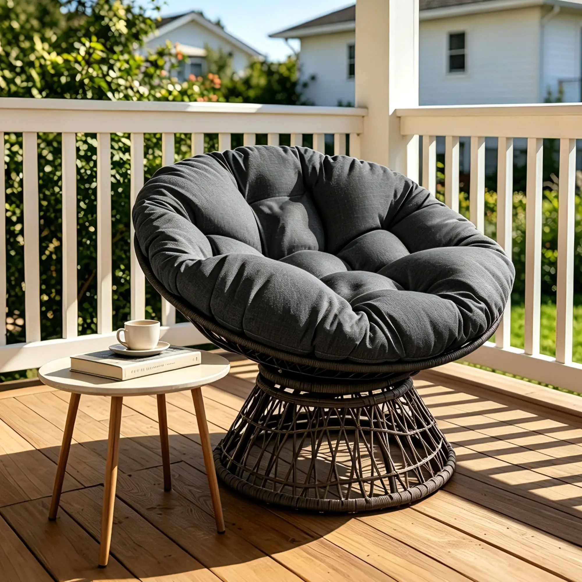 Black Swivel Papasan Chair - 360-Degree Rotation, Ergonomic Wicker Design, Cloud Thick-Density Fabric Cushion, Adjustable ft, Waterproof for Living Room, Bedroom