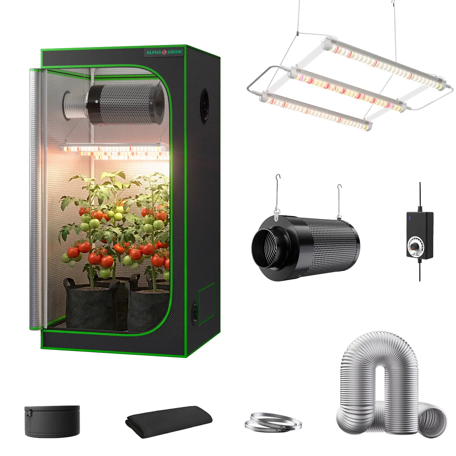 ALPHAGROW 1800D Grow Tent Kit, 2x2 2x4 4x4 Sizes, ABA 32W LED (UVA/IR/Red),  Optional