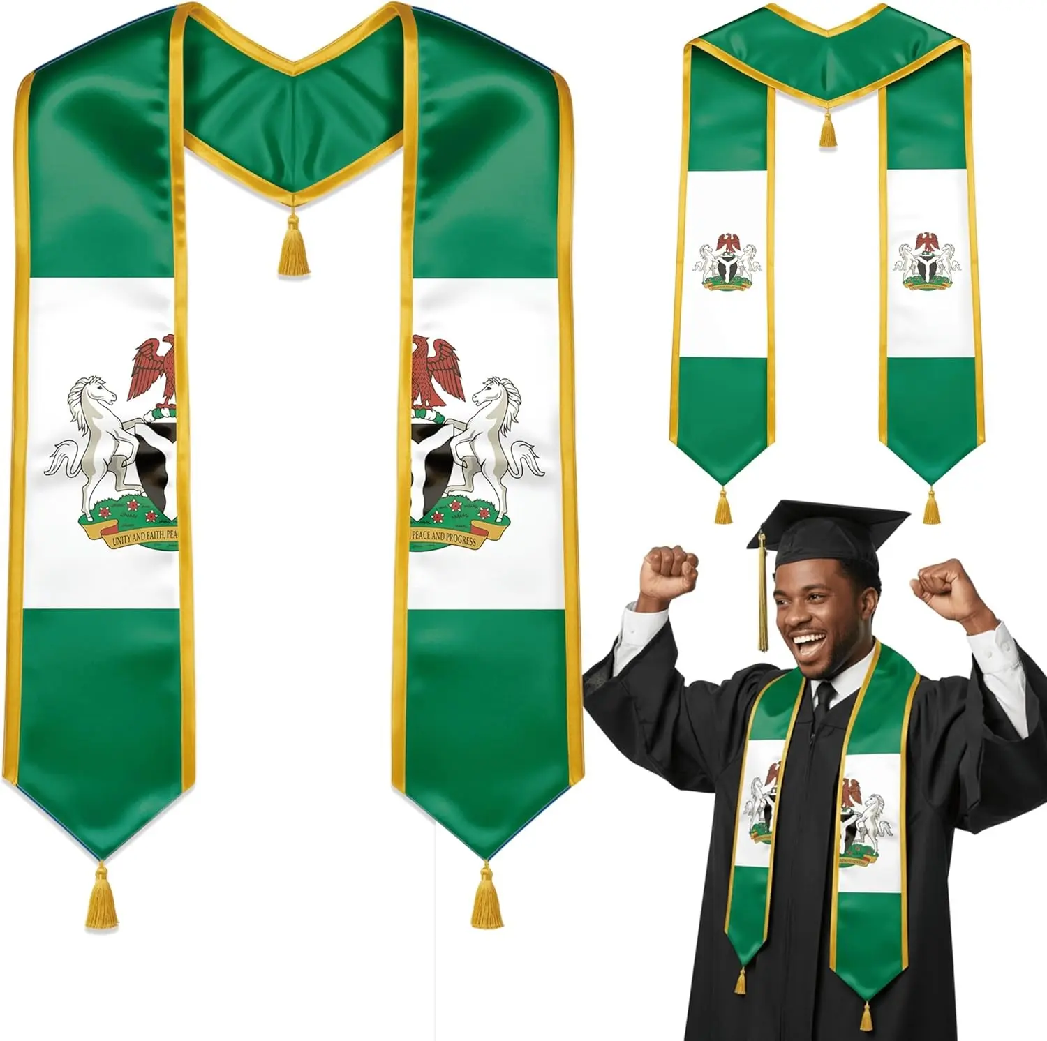 Reversible Country Flag Graduation Stole with Gold Tassels, Sash for College High School University Graduates, 72"