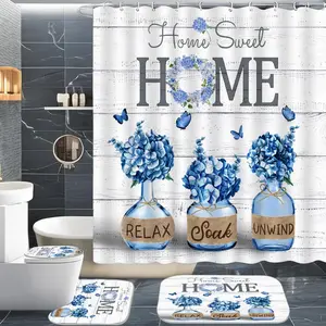 4 PCS Blue Hydrangea Shower Curtain Sets,Home Sweet Bathroom Set with Shower Curtain and Rugs and Accessories,Farmhouse Country Shower Curtain Bathroom Decor with 12 Hooks,72 X 72 Inches