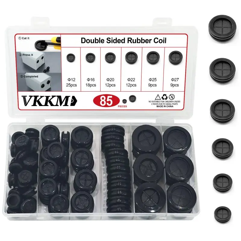 VKKM 85Pcs Double-Sided Rubber Grommet Assortment Kit, 6 Sizes 12/16/20/22/25/27mm Rubber Cable Grommets for Wire Protection, Metal Panel Hole Sealing & Wiring Through-Hole