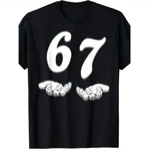 Funny 67 Meme T-Shirt for & - 67 Number Joke Design with 6 & 7 Hands Print, 100% Cotton Soft Crew Neck Tee, Casual Gift Idea for Birthdays, Parties & Casual Attire (Black) Menswear Tops