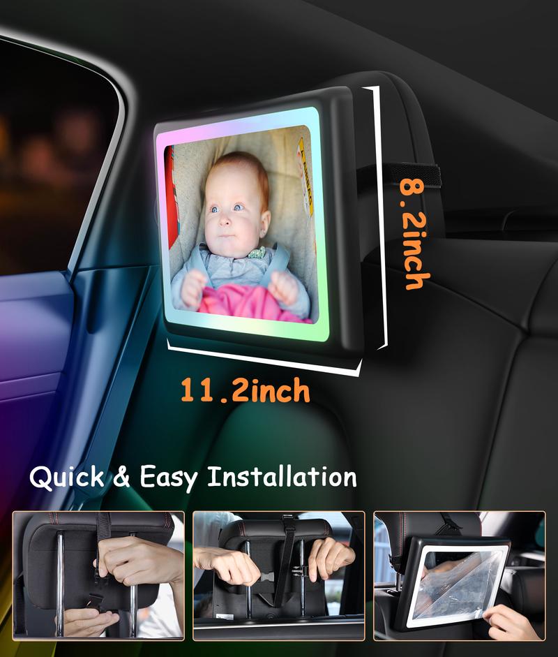 [Black Friday] Safety Car Seat Mirror with Seven Customized RGB Lights and 15° Convex Mirror for Wide Horizon Viewing - Well-prepared for Long Drive Rear Viewing