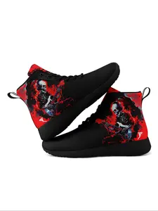 Men's Skull & Guitar Print High Top Sneakers, Reflective Design, Breathable Mesh, Lightweight Shock Absorption, Fall Winter Casual Shoes