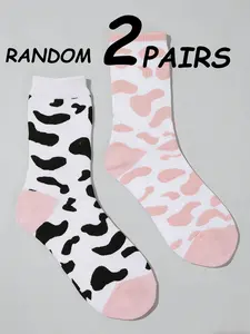 2 Pairs Random Cow Print Mid-Calf Socks, Stylish Animal Pattern Footwear, Perfect for Casual Wear & Daily Use, Comfortable & Durable Design