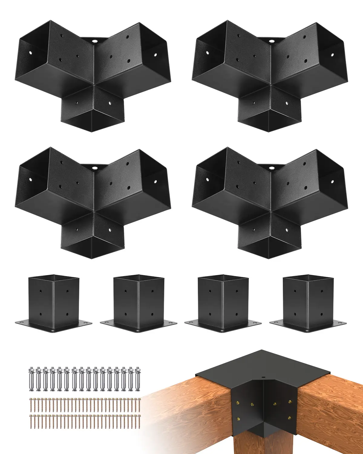【summerfinds】VEVOR 4-Piece Heavy-Duty 3-Way Pergola Bracket Kit, 4x4 In Inner/3.5x3.5 In Actual Size, with Anchor Screws & Stainless Steel Screws, Built-In Sunshade Holes, Easy-Install DIY Woodworks Post Base for Gazebos, Patio (Father's Day Gift)