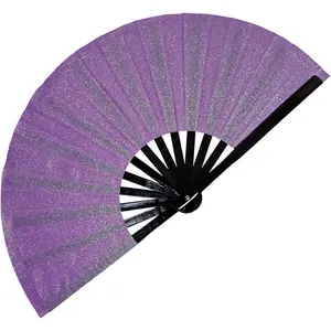 Large Folding Glitter Rave Fan,Popping Fan for Line Dancing,Decorative Folding Hand Fan for Music Festivals,Carnival,Rainbow Outfits,Disco,Neon, Glow Party Decorations Supplies. (Purple)