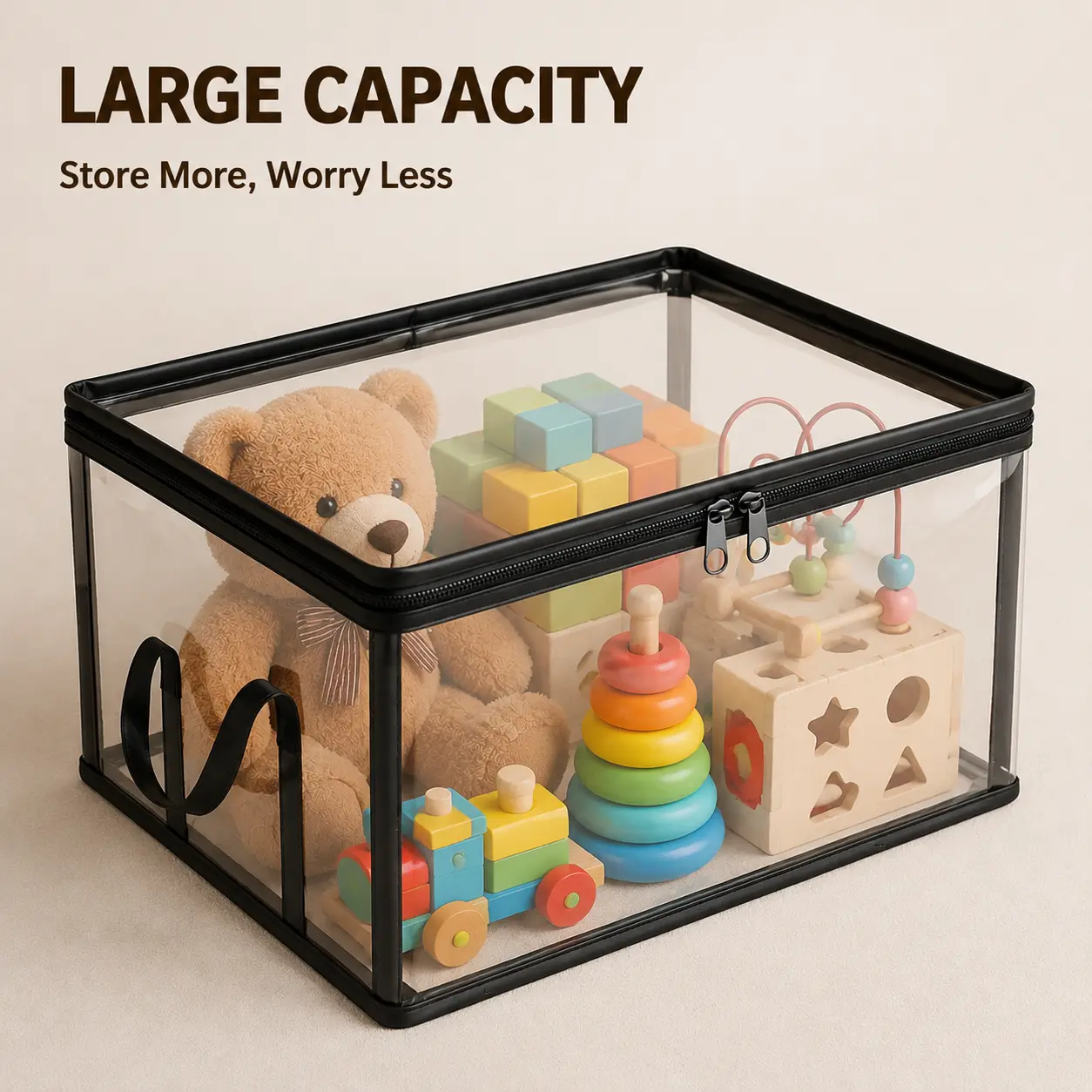 Large Clear Storage Box with Zipper Lid, Foldable Closet Organizer Bin with Handles, Dustproof Clothes Blanket Toy Storage Container for Home Bedroom Dorm Organization