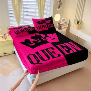 3Pcs Queen Crown Themed Fitted Sheet Set, Split Design with Pink and Black, Gothic Style "QUEEN" Letters, Ideal for Stylish Bedroom Decor, Durable and Comfortable Bedding, Decorative Bedsheet Sets, Bed Sheets. Includes 2 Pillowcases, No Pillow Core