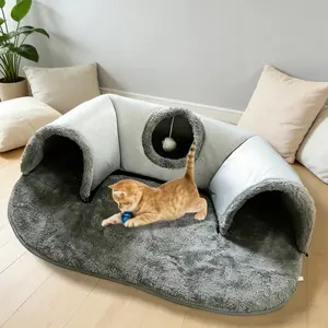 Three-In-One Comfort Cat Tunnel Bed Mat with Non-Slip Base, Play Pad & Warm Nest for Small to Medium Cats, Rabbits & Hamsters, Kitten Condo
