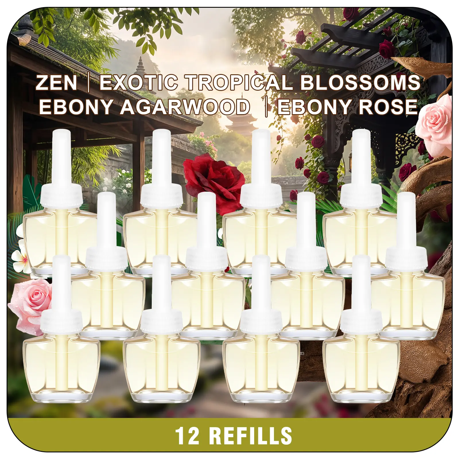 Plug In Air Fresheners for Home (12 Pack) - Warm Incense Scents: Soothing Zen, Tropical Floral, Ebony Agarwood, Ebony Rose, All Seasons, Living Room Use, Maintains Freshness, Compatible with Air Wick & Glade