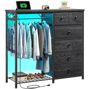 Raybee 6-Drawer Multi-functional Dresser with Hanging Rod & LED Multi-Color Lights, Built-in Charging Station & Grid Panel with 4 Hooks, Space-Saving Storage Solution for Bedroom, Living Room, Closet, Apartment & Small Spaces, Easy Assembly