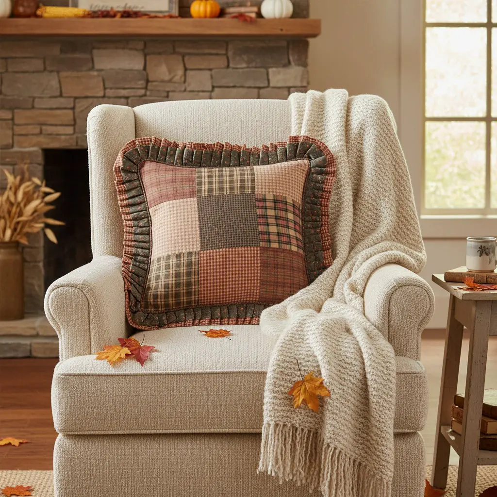 Crossboro Decorative Plaid Patchwork Pillow, Ruffle-Accented, Machine-Stitched, Reversible Soft Furnishing for Bedding Linens