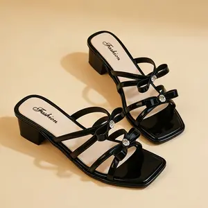 2026 New Fairy Bow High Heels, Square Head Thick Heel Slippers, Elegant and Fashionable Cool Slippers for Wearing Outside, Women Shoes